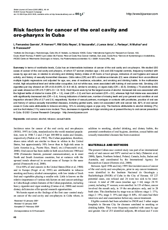 (PDF) Risk factors for cancer of the oral cavity and oro-pharynx in Cuba