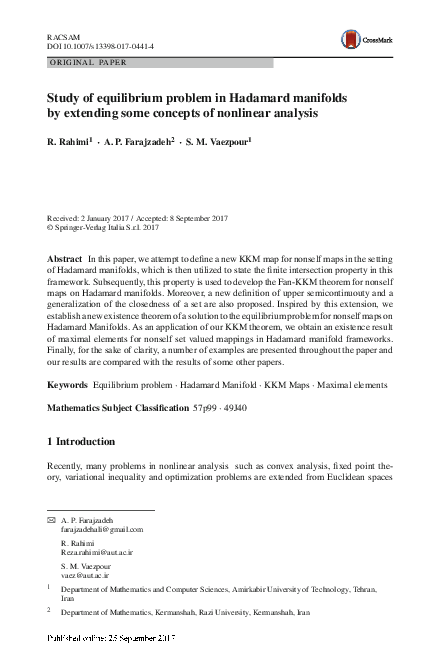 (PDF) Study of equilibrium problem in Hadamard manifolds by extending ...