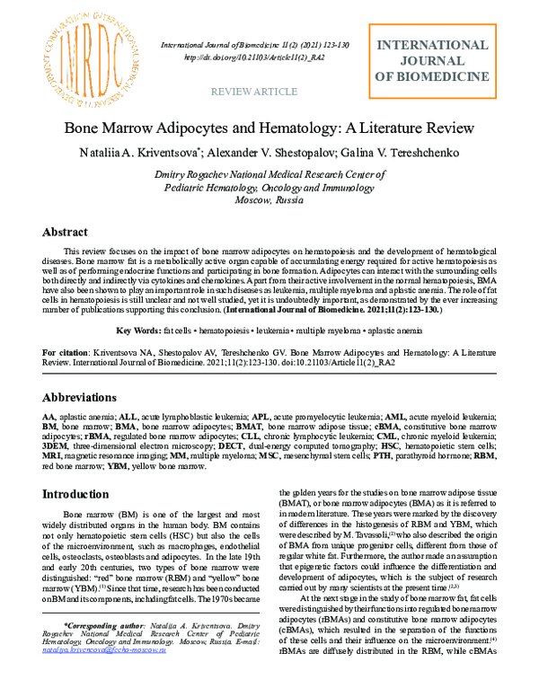 (PDF) Bone Marrow Adipocytes and Hematology: A Literature Review