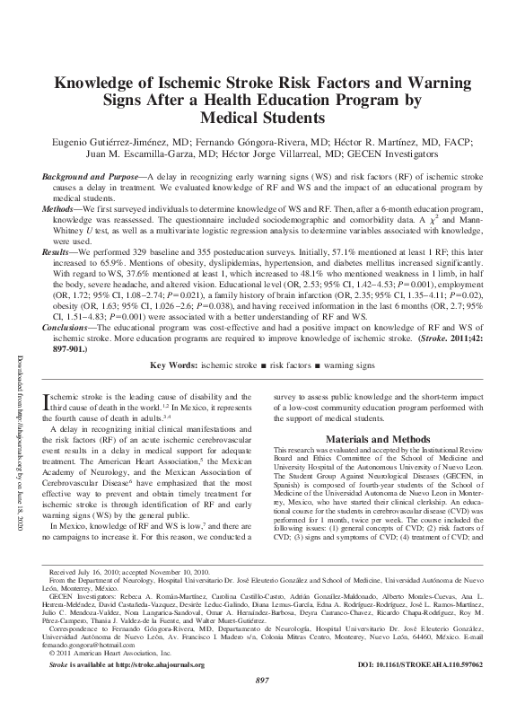 (PDF) Knowledge of Ischemic Stroke Risk Factors and Warning Signs After ...