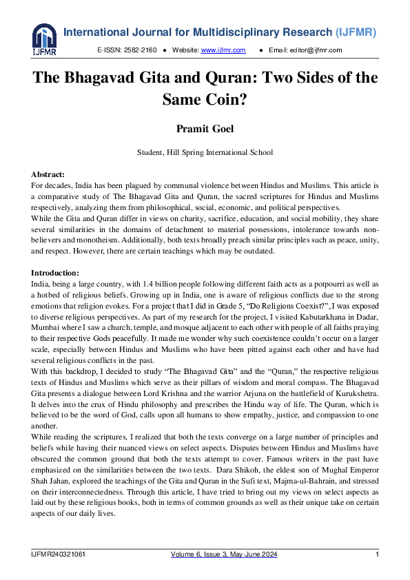 (PDF) The Bhagavad Gita and Quran – Two Sides of the Same Coin?
