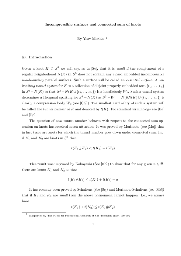 (PDF) Incompressible surfaces and connected sum of knots