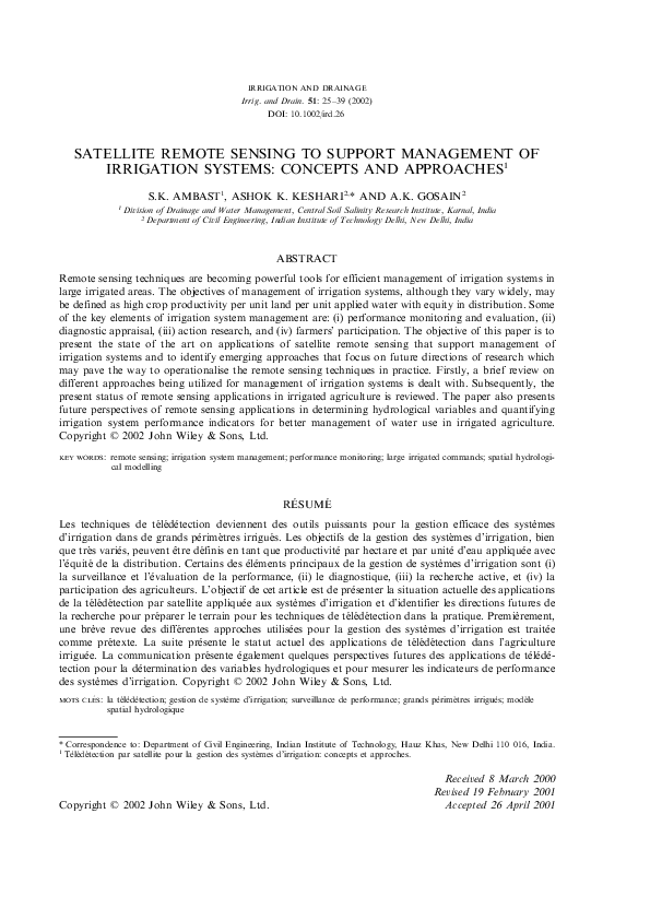 (PDF) Satellite remote sensing to support management of irrigation ...