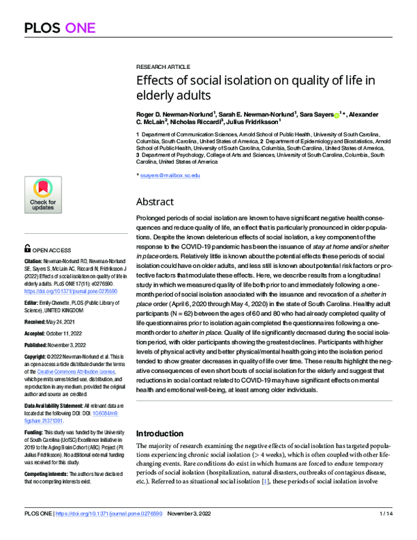 (PDF) Effects of social isolation on quality of life in elderly adults