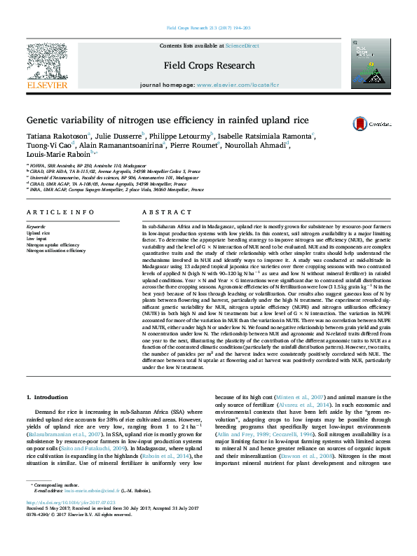 (PDF) Genetic variability of nitrogen use efficiency in rainfed upland ...