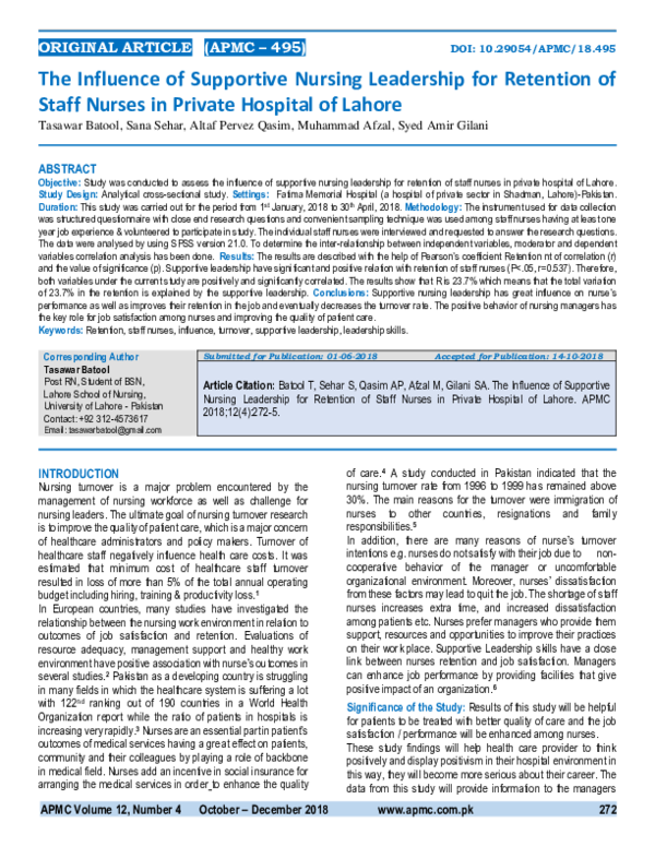 (PDF) The Influence of Supportive Nursing Leadership for Retention of ...
