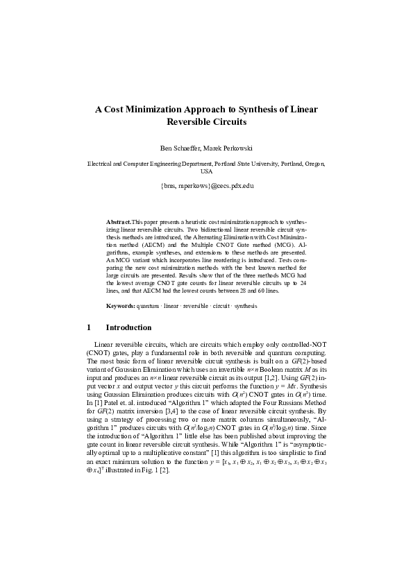 (PDF) A Cost Minimization Approach to Synthesis of Linear Reversible ...