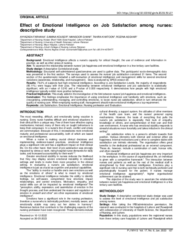 (PDF) Effect of Emotional Intelligence on Job Satisfaction among nurses ...