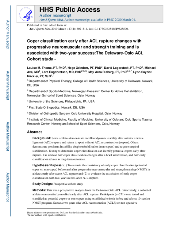 (PDF) Coper Classification Early After Anterior Cruciate Ligament ...