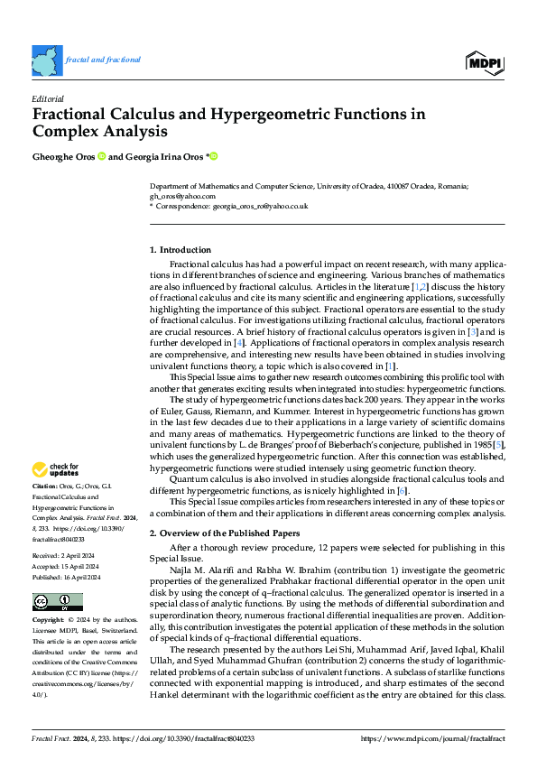 (PDF) Fractional Calculus and Hypergeometric Functions in Complex Analysis