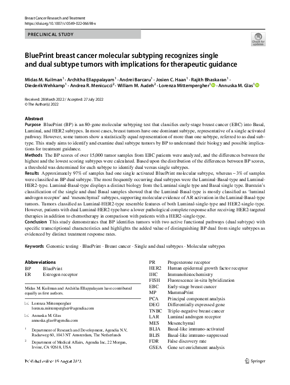 (PDF) BluePrint breast cancer molecular subtyping recognizes single and ...