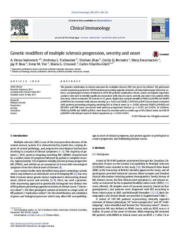 (PDF) Genetic modifiers of multiple sclerosis progression, severity and ...