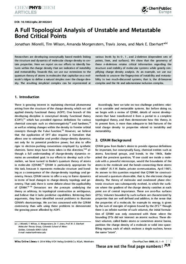 (PDF) A Full Topological Analysis of Unstable and Metastable Bond ...