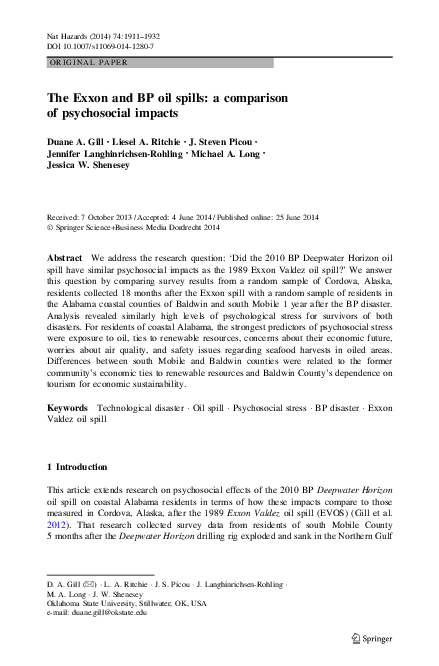 (PDF) The Exxon and BP oil spills: a comparison of psychosocial impacts