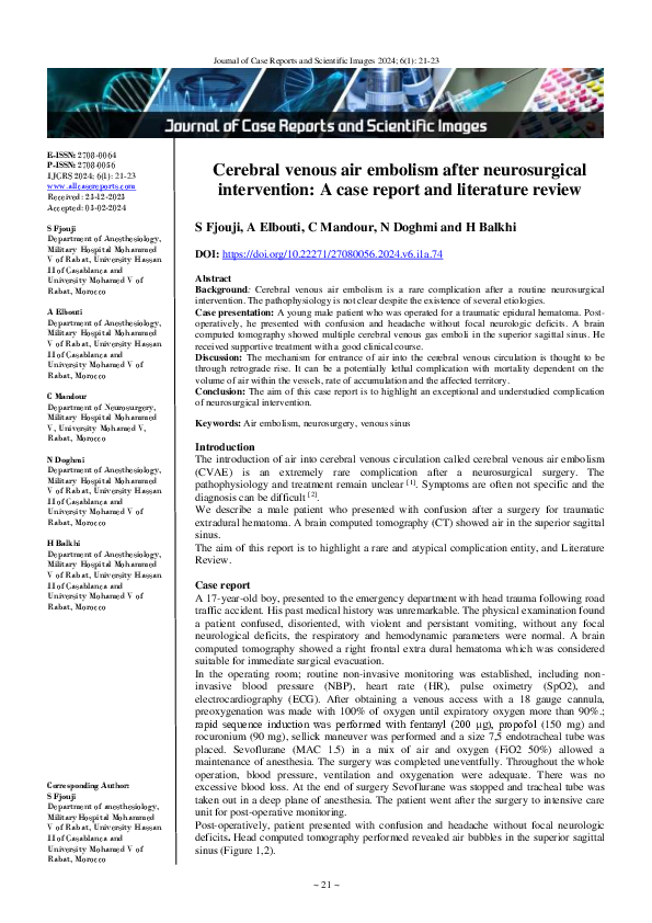 (PDF) Cerebral venous air embolism after neurosurgical intervention A