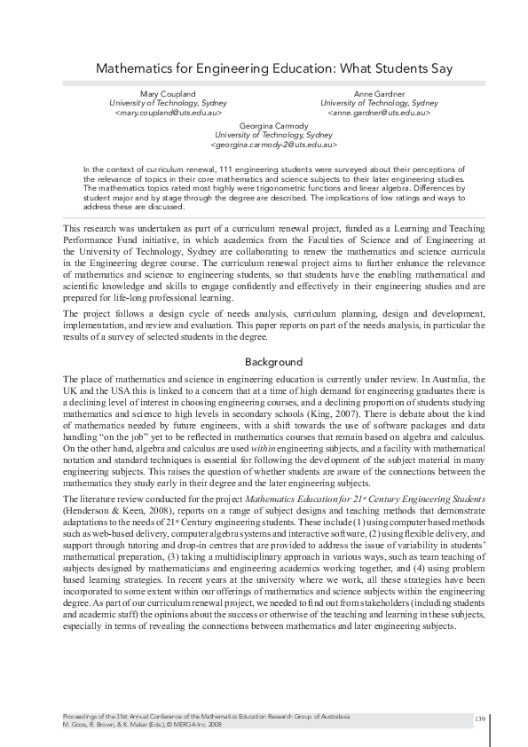 (PDF) Mathematics for Engineering Education: What Students Say