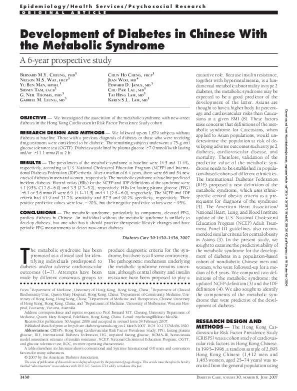 (PDF) Development of Diabetes in Chinese With the Metabolic Syndrome