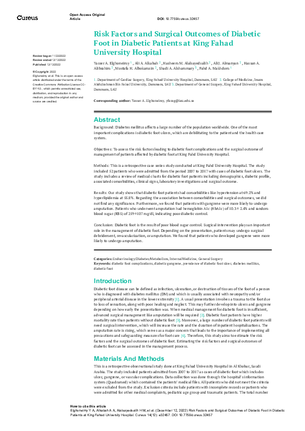 (PDF) Risk Factors and Surgical Outcomes of Diabetic Foot in Diabetic ...