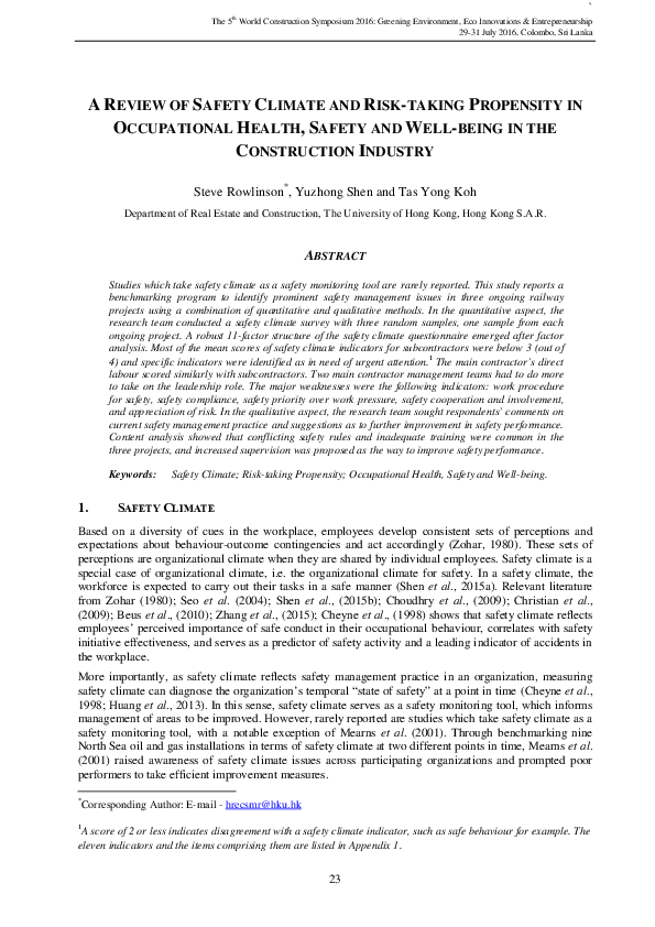 (PDF) A review of safety climate and risk-taking propensity in ...