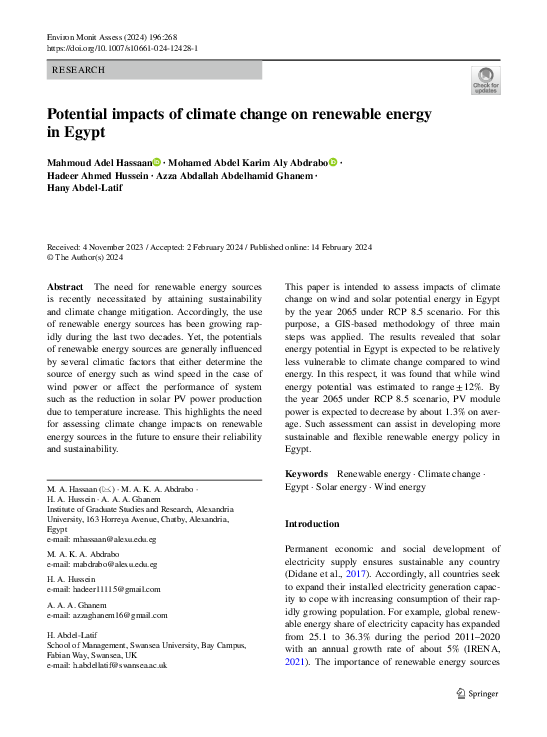 (PDF) Potential impacts of climate change on renewable energy in Egypt