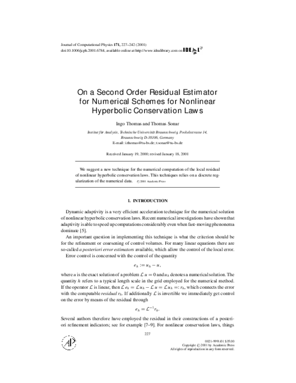 (PDF) On a Second Order Residual Estimator for Numerical Schemes for ...