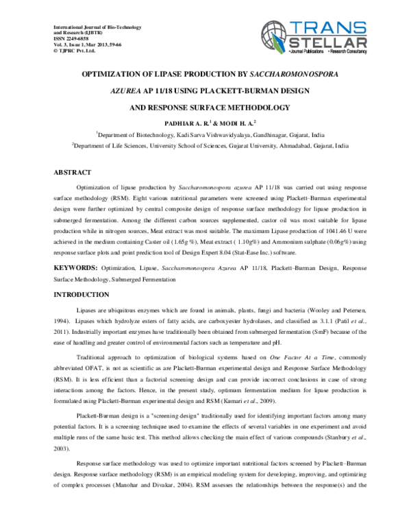 (PDF) OPTIMIZATION OF LIPASE PRODUCTION BY SACCHAROMONOSPORA AZUREA AP ...