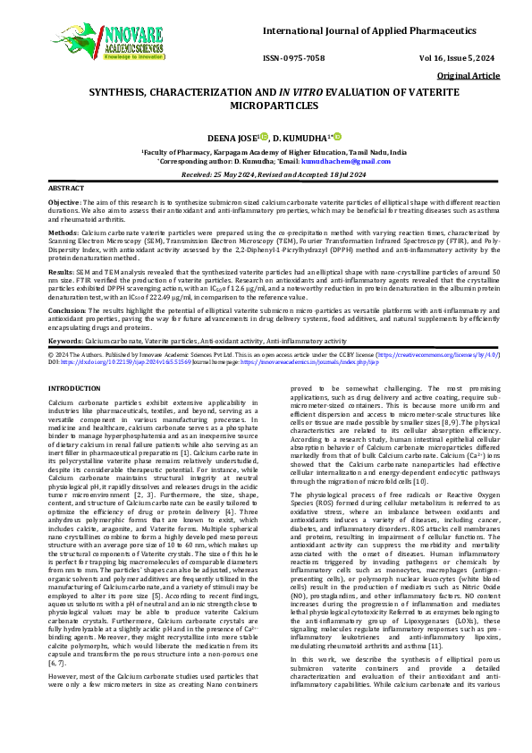 (PDF) SYNTHESIS, CHARACTERIZATION AND IN VITRO EVALUATION OF VATERITE ...