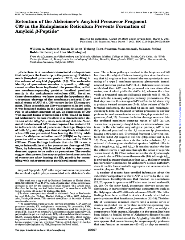 (PDF) Retention of the Alzheimer's Amyloid Precursor Fragment C99 in ...