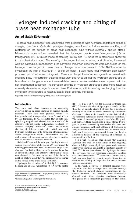 (PDF) Hydrogen induced cracking and pitting of brass heat exchanger tube