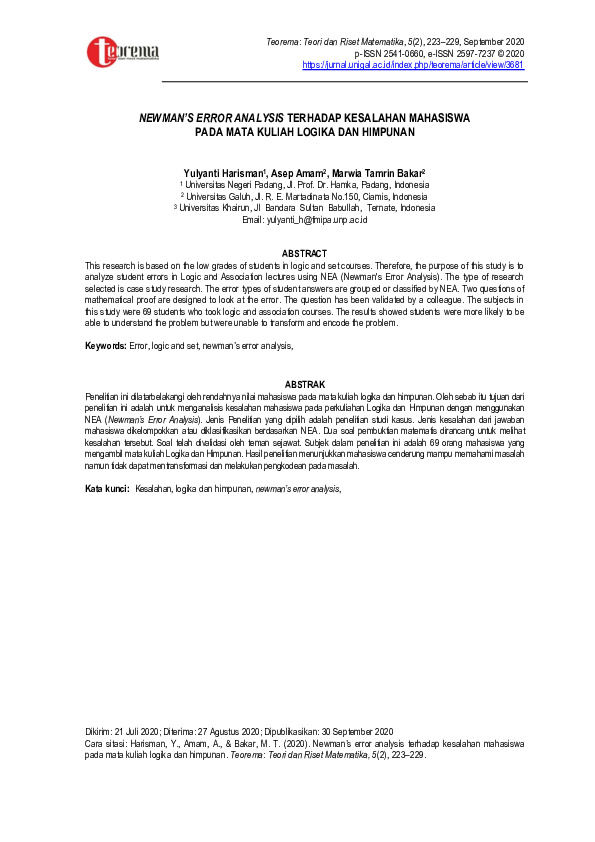 (PDF) Newman’s Error Analysis Terhadap Kesalahan Mahasiswa Pada Mata ...