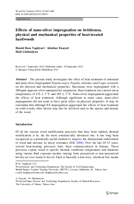 Effects of nano-silver impregnation on brittleness, physical and mechanical properties of heat-treated hardwoods