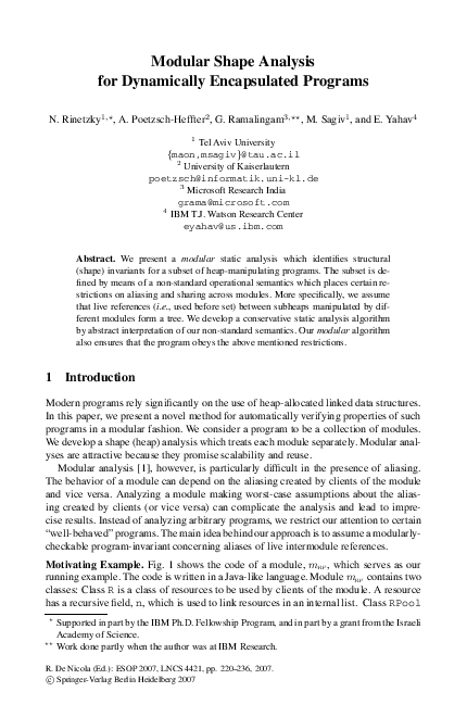 (PDF) Modular Shape Analysis for Dynamically Encapsulated Programs