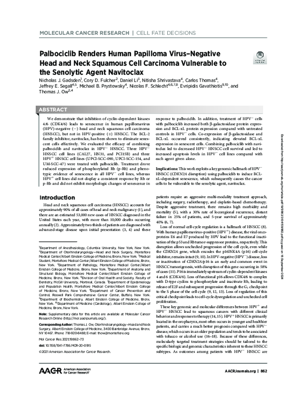 (PDF) Palbociclib Renders Human Papilloma Virus–Negative Head and Neck ...