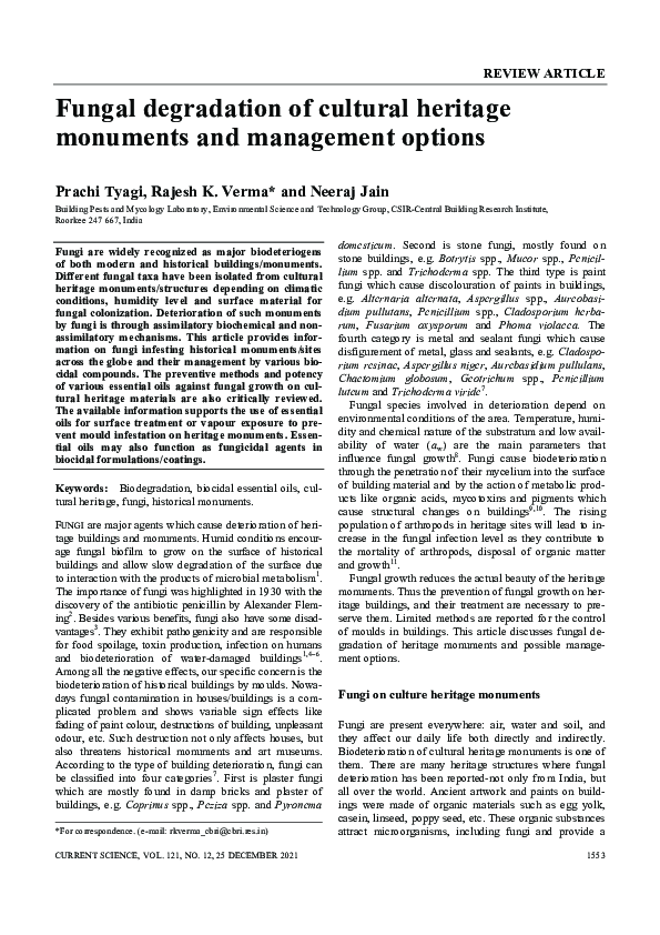 (PDF) Fungal degradation of cultural heritage monuments and management ...