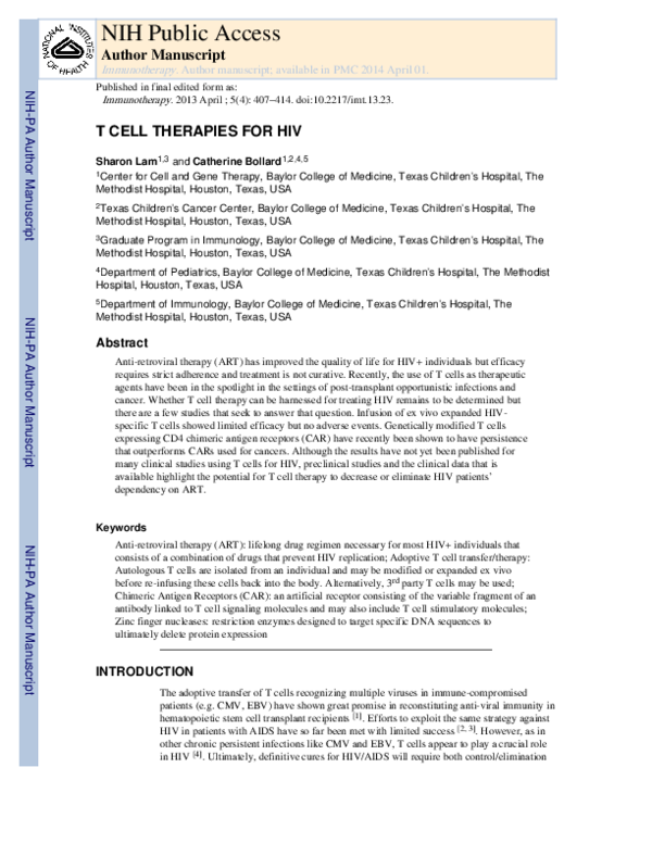 (PDF) T-cell therapies for HIV
