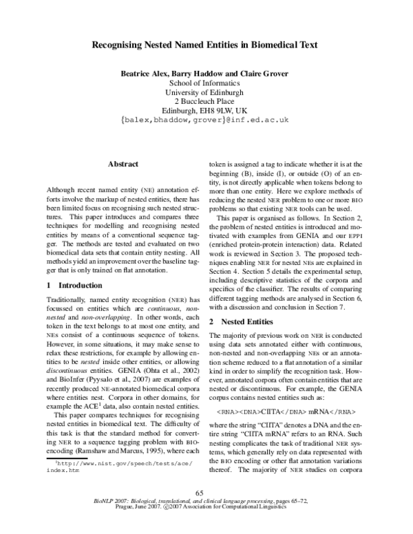 (PDF) Recognising nested named entities in biomedical text