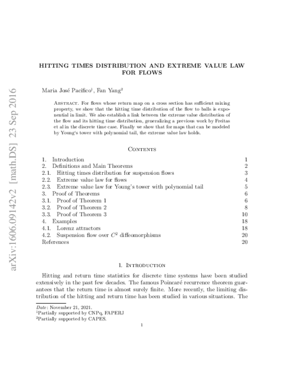 (PDF) Hitting times distribution and extreme value law for flows
