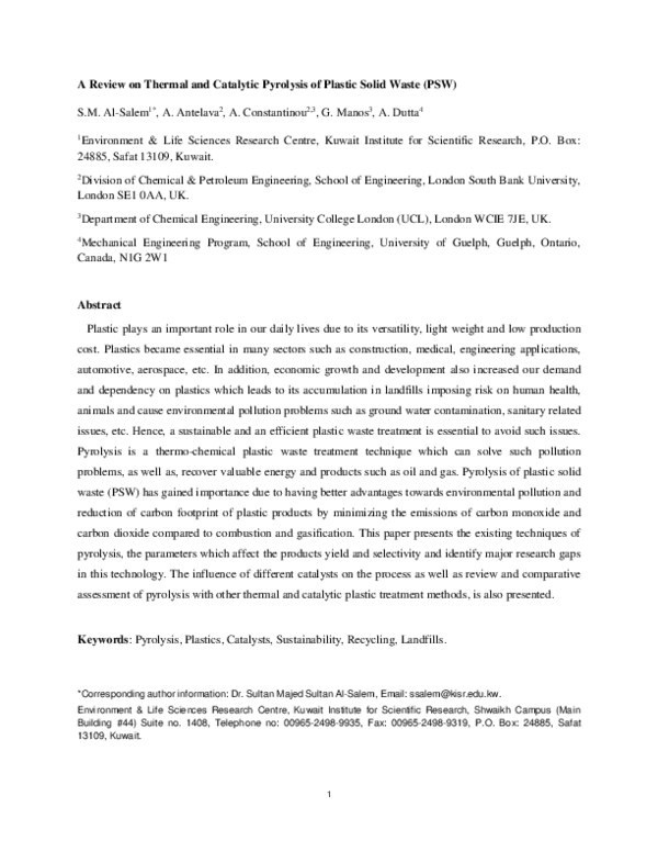 (PDF) A review on thermal and catalytic pyrolysis of plastic solid ...
