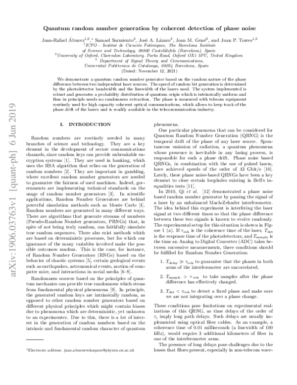 (PDF) Quantum random number generation by coherent detection of phase noise