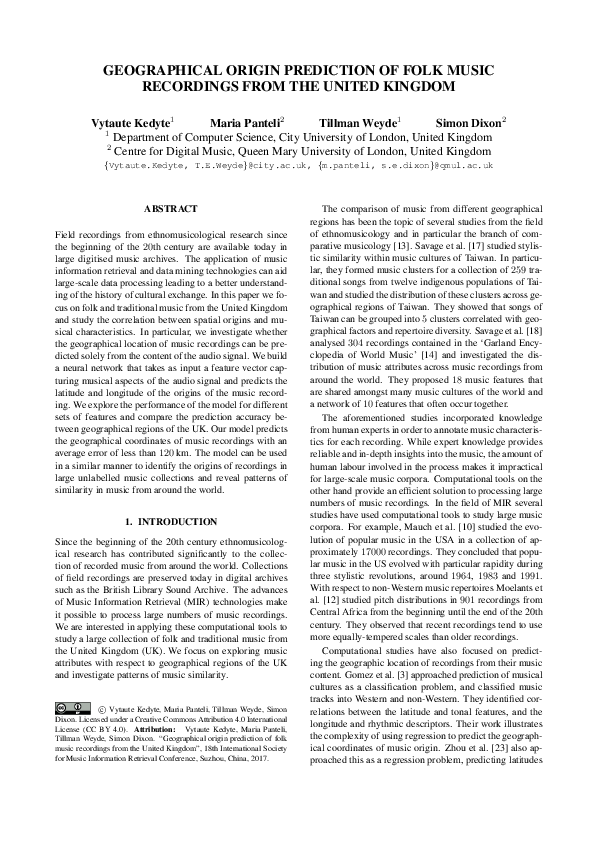 (PDF) Geographical Origin Prediction of Folk Music Recordings from the ...