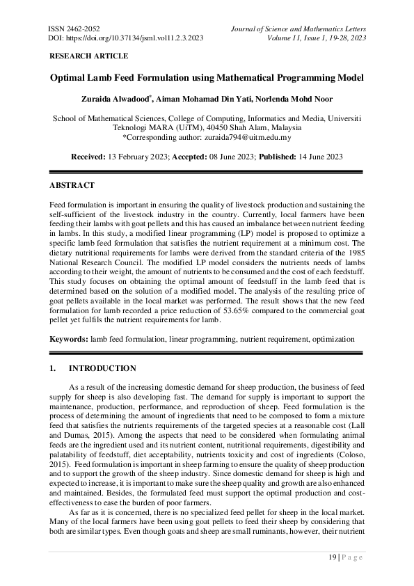 (PDF) Optimal Lamb Feed Formulation using Mathematical Programming Model