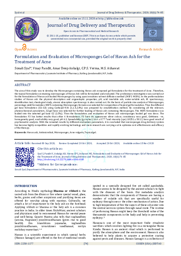 (PDF) Formulation and Evaluation of Microsponges Gel of Havan Ash for ...