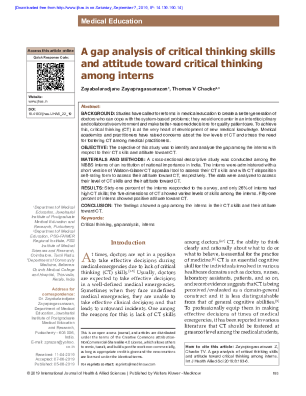 (PDF) A gap analysis of critical thinking skills and attitude toward ...