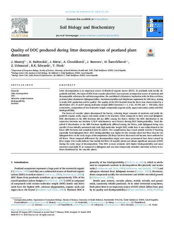 (PDF) Quality of DOC produced during litter decomposition of peatland ...