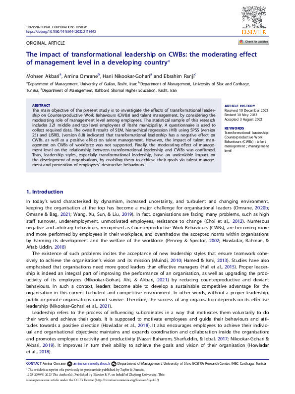 (PDF) The impact of transformational leadership on CWBs the moderating ...