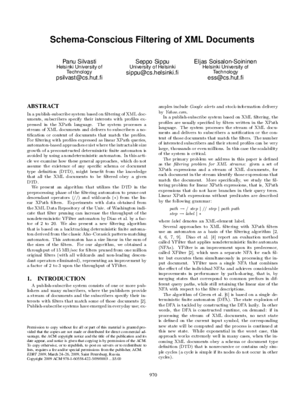 (PDF) Schema-conscious filtering of XML documents