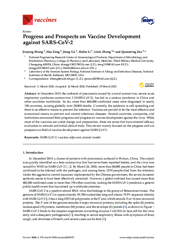 (PDF) Progress and Prospects on Vaccine Development against SARS-CoV-2