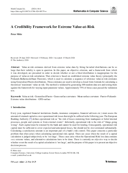 (PDF) A Credibility Framework for Extreme Value-at-Risk