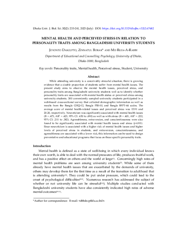 (PDF) Mental health and perceived stress in relation to personality ...