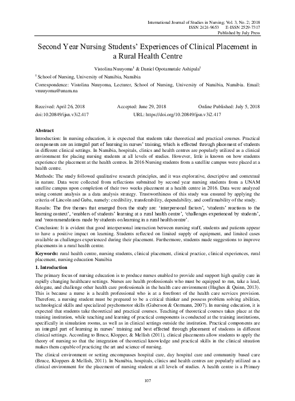 (PDF) Second Year Nursing Students’ Experiences of Clinical Placement ...